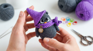 pequena coruja amigurumi receita gratis passo a passo, peça de crochê em tons terrosos com chapéu charmoso para decoração artesanal de ambientes aconchegantes