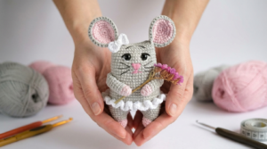 Pequena Rato Amigurumi cinza e rosa com roupinha branca feita em crochê artesanal para decoração ou presente fofo.