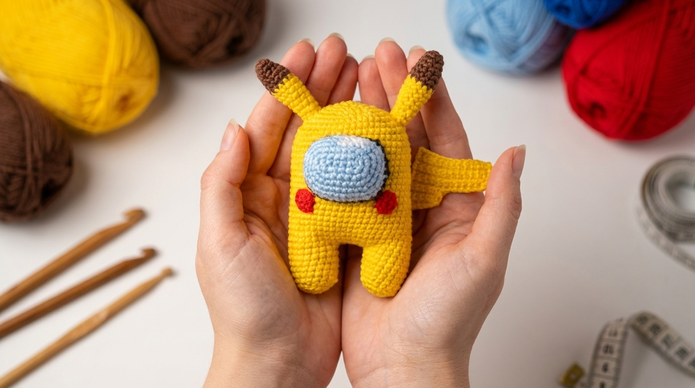 Pikachu Among Us amigurumi amarelo em crochê com viseira azul, peça artesanal de 11cm para decoração temática de games exclusiva.