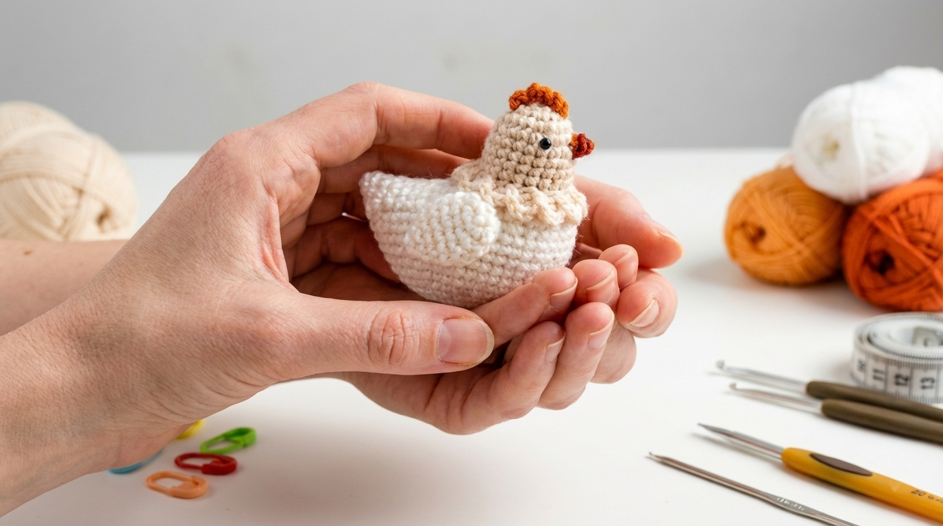 pollito amigurumi, muñeco de ganchillo en color blanco y beige con textura de algodón, ideal para proyectos de decoración infantil y tejido en crochet paso a paso.
