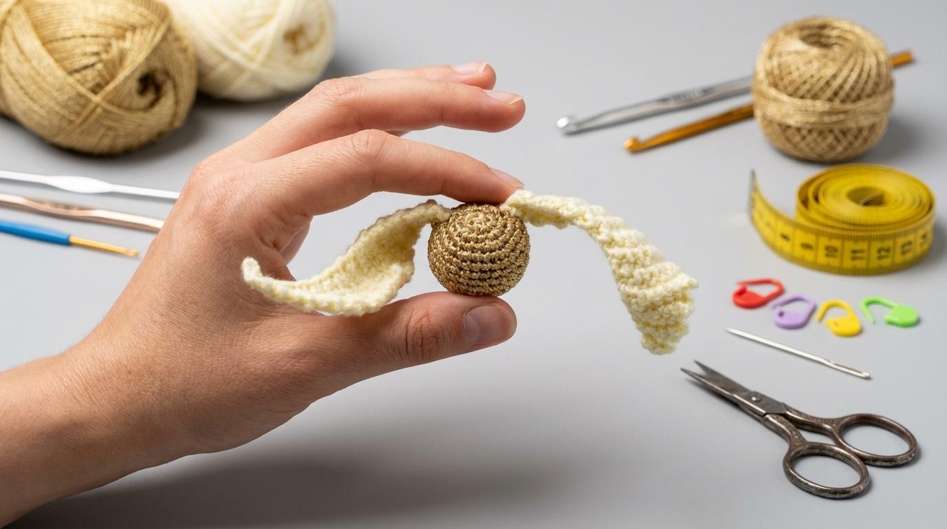 Pomo de Ouro amigurumi feito em fio dourado com asas creme, ideal para decoração temática e colecionadores de artesanato.