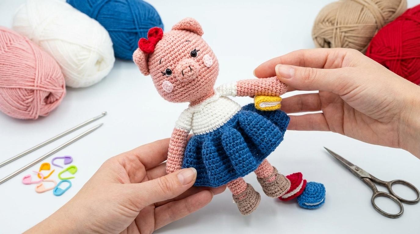 Porco Amigurumi Marceline rosa claro com detalhes brancos confeccionado em crochê para decoração artesanal e presente.