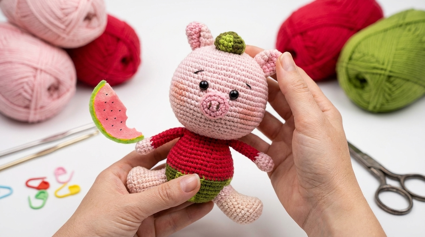 Porco Melancia amigurumi artesanal nas cores rosa e verde, ideal para decoração criativa ou presente personalizado exclusivo.