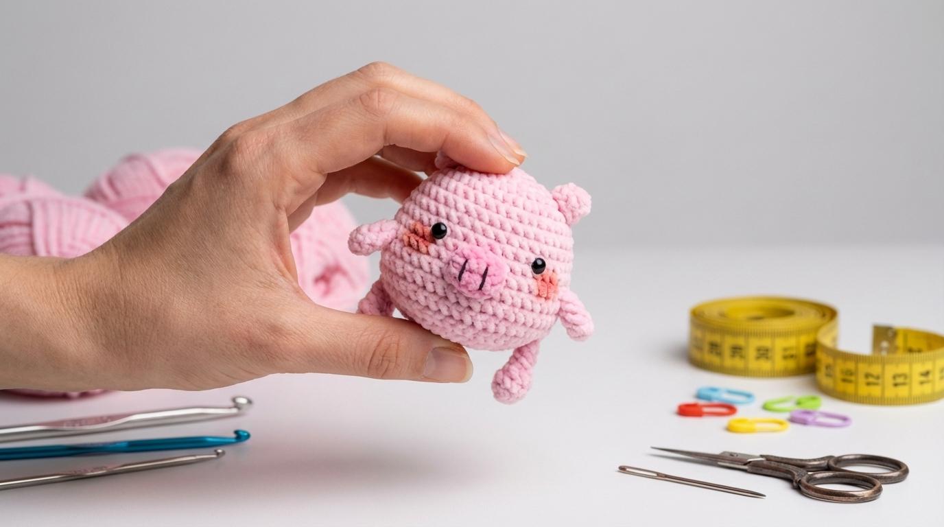 Porquinho Lizzo amigurumi feito em fio rosa macio, focado em detalhes faciais de crochê para decoração ou presente infantil.