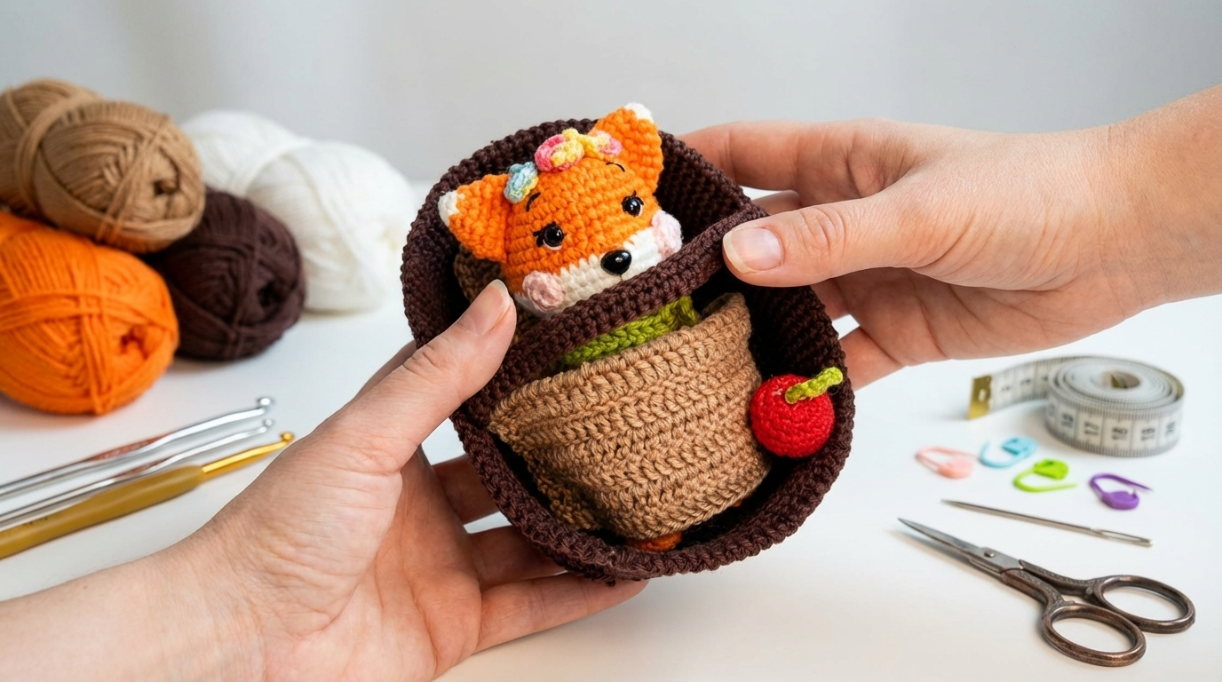raposa na cesta amigurumi receita gratis passo a passo com raposinha laranja de crochê em cesta artesanal de fios terrosos para decoração afetiva de quarto infantil
