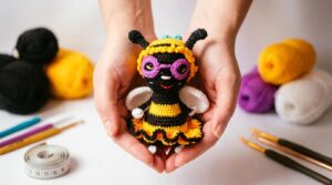 Abelha Zoey em amigurumi com chapéu e óculos, cores amarelo e preto, feita em crochê para decoração artesanal temática.