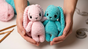 Allison Coelho Amigurumi aveludado em tons pastéis charmosos, feito em crochê para decoração infantil e presente.