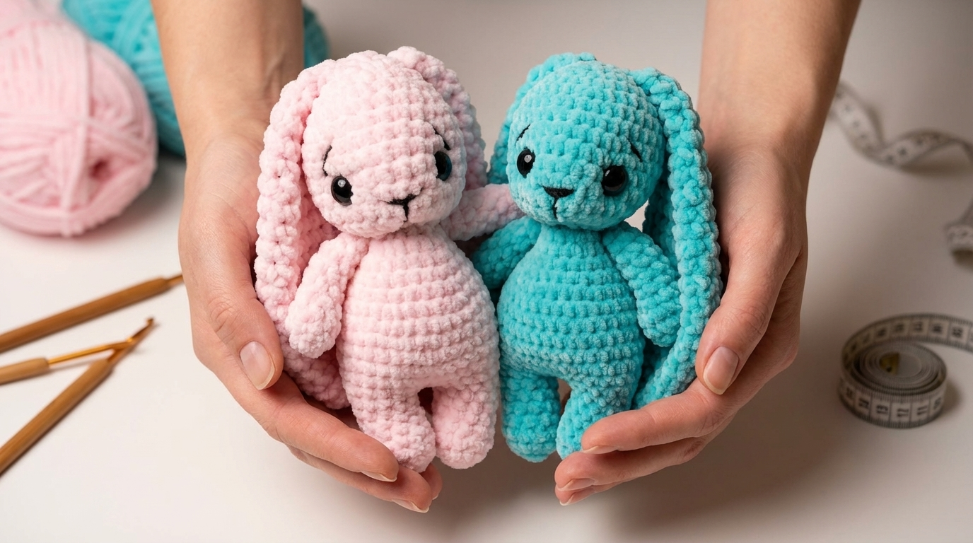 Allison Coelho Amigurumi aveludado em tons pastéis charmosos, feito em crochê para decoração infantil e presente.