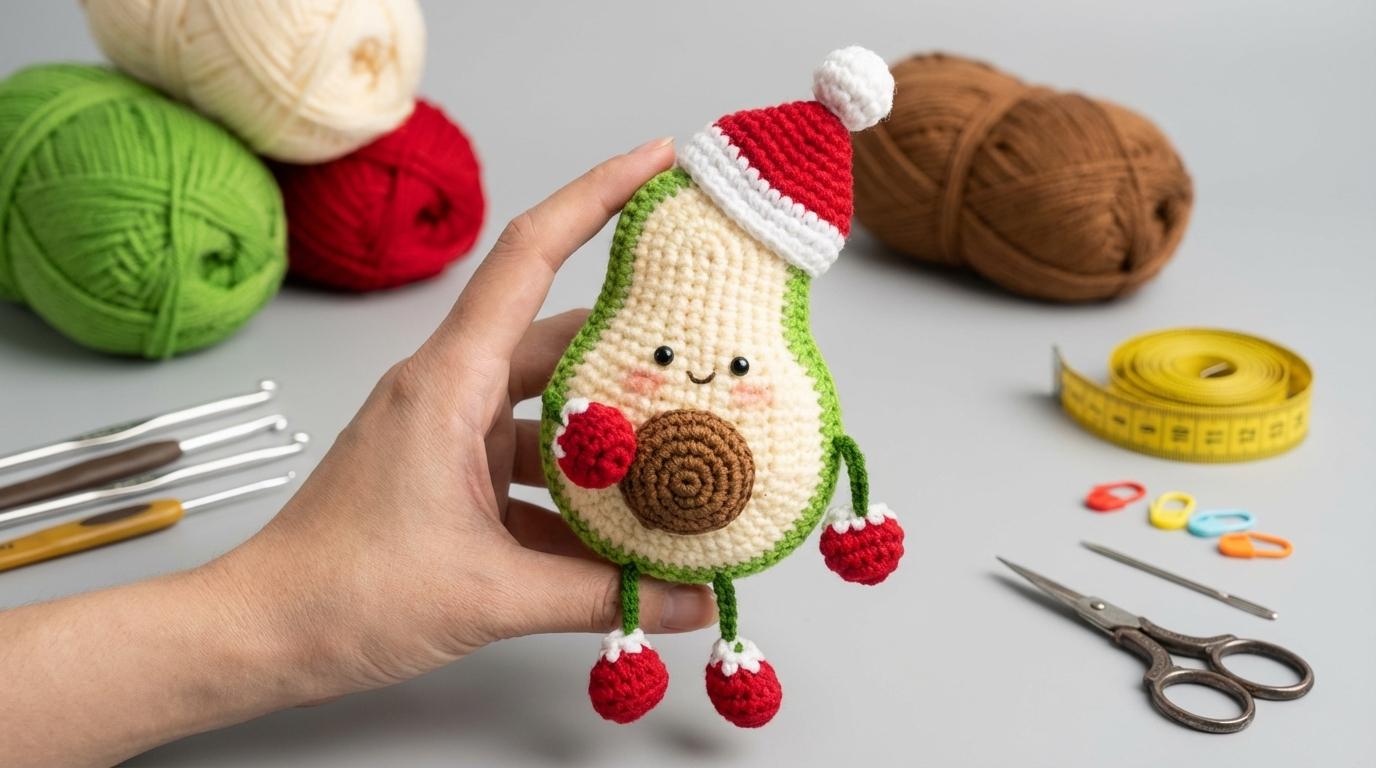 Amigurumi Abacate para o Natal em fio verde e detalhes natalinos vermelhos, posicionado como peça de decoração festiva.