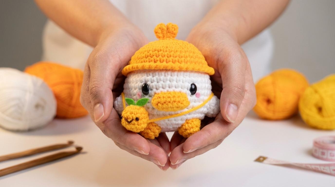 Amigurumi pato com chapéu feito em fio branco e laranja para decoração de quarto infantil ou presente artesanal.