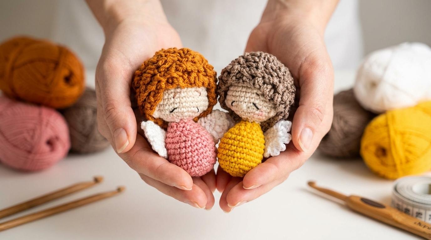 Anjo amigurumi amarelo e branco feito em crochê para decoração de batizado e enfeite natalino artesanal delicado.