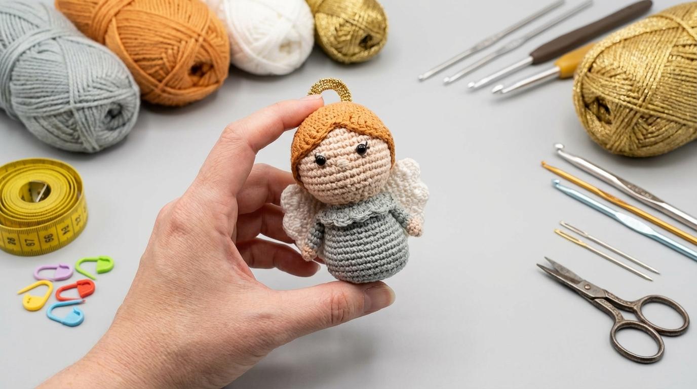 Anjo de Crochê Amigurumi confeccionado em algodão azul e bege para decoração artesanal delicada.