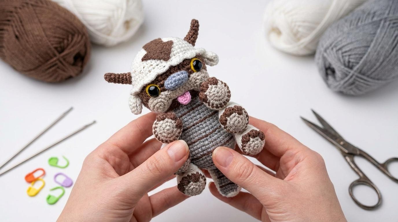 Appa Avatar Bisonte Amigurumi bege e marrom feito em crochê para decoração temática de fãs de anime e colecionadores.