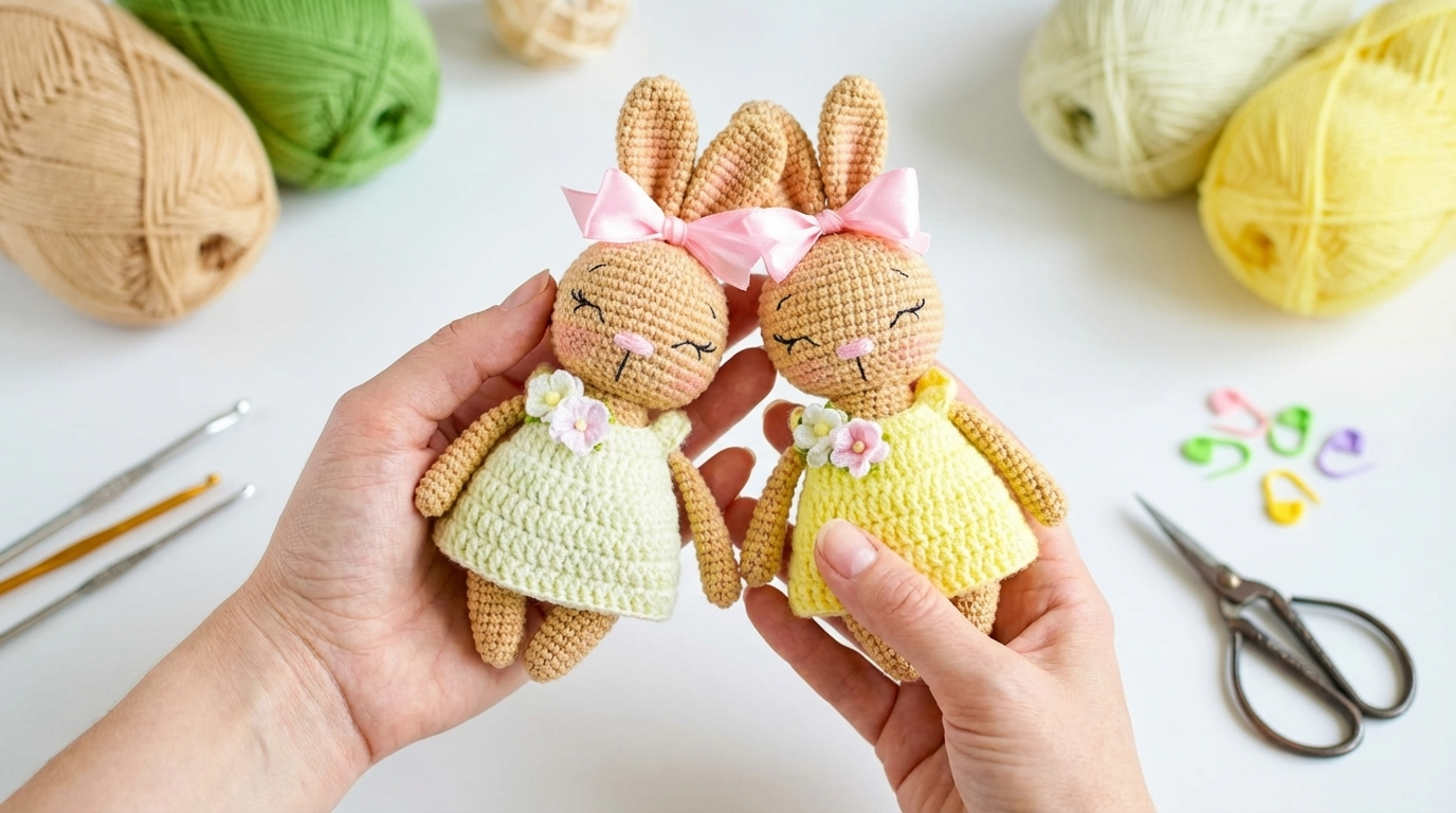 Ariana Coelho amigurumi em tons bege e vestido colorido feito em crochê para decoração e presente personalizado artesanal