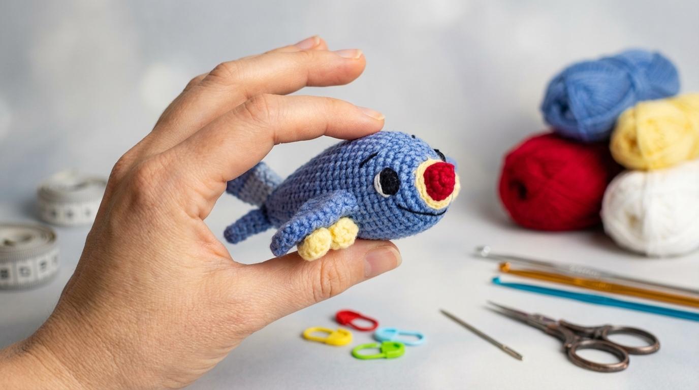 Aviao de croche amigurumi azul com detalhes coloridos, peça artesanal feita a mao exibida para decoracao infantil.