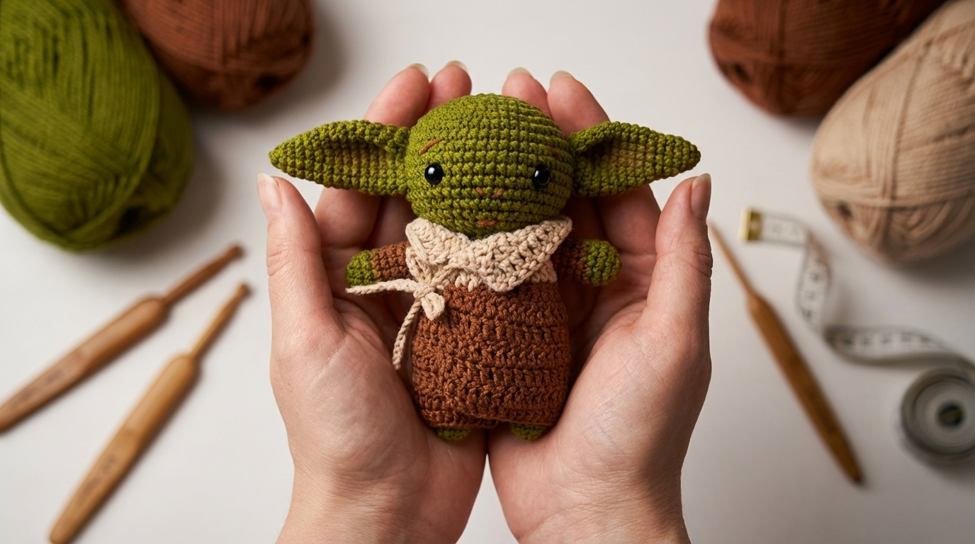 Bebê Yoda amigurumi feito em crochê com fios cáqui e marrom, posicionado sobre uma mesa decorada como peça artesanal.