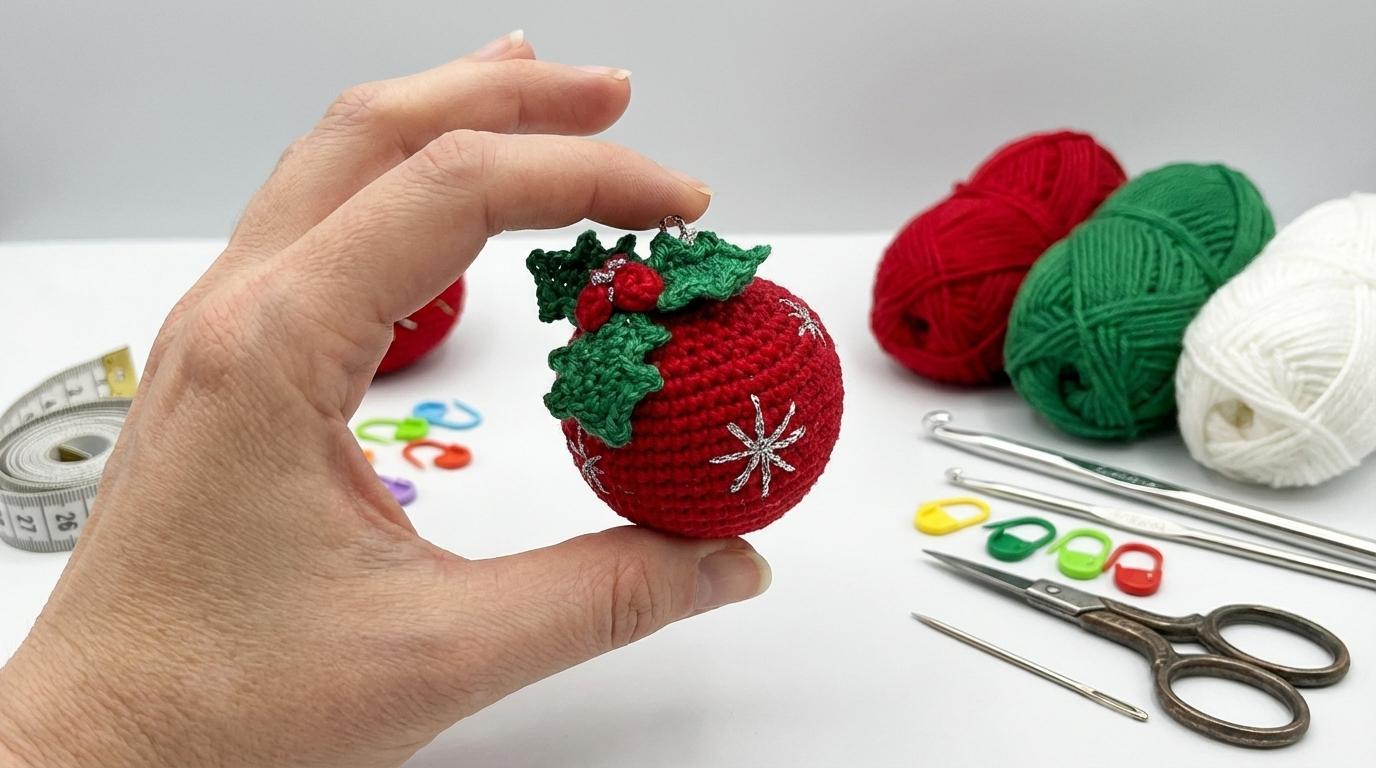 Ornamentação Bola de Ilex Amigurumi vermelha com detalhes em prata e folhas verdes festivas.