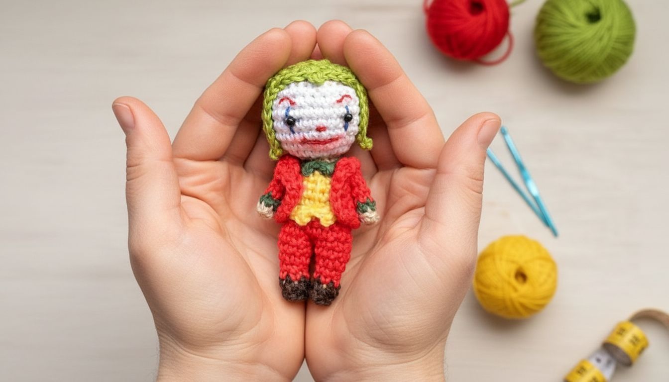 Boneca Joker amigurumi em fios coloridos verde e vermelho, projetada para decoração de superfícies e colecionáveis.
