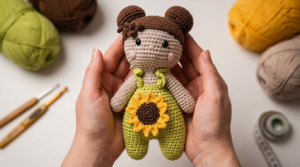 Boneca Lina amigurumi com macacão jeans bege marrom feita em crochê para decoração de quarto infantil artesanal.