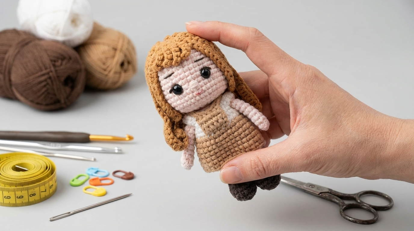 boneca Sandy amigurumi receita gratis passo a passo, boneca de crochê em tons bege e branco com detalhes artesanais para decoração infantil.