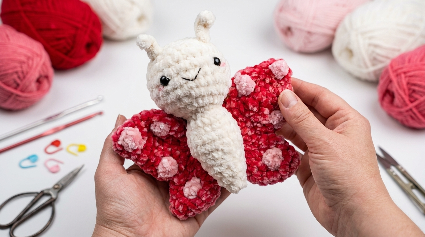 Borboleta de Pelúcia Amigurumi em tons suaves feita em crochê manual para decoração de quartos infantis delicados.