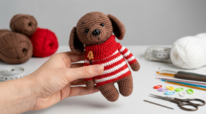 cachorro amigurumi receita gratis passo a passo, peça artesanal de crochê em tons de marrom e amarelo para decoração.