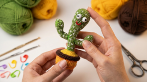 Cacto dançarino amigurumi receita grátis passo a passo, peça de crochê verde e laranja com detalhes artesanais para usar como chaveiro.