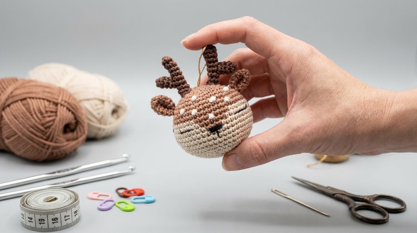 Cervo de Natal Amigurumi marrom feito em crochê com detalhes bege para ornamento natalino feito à mão em casa.