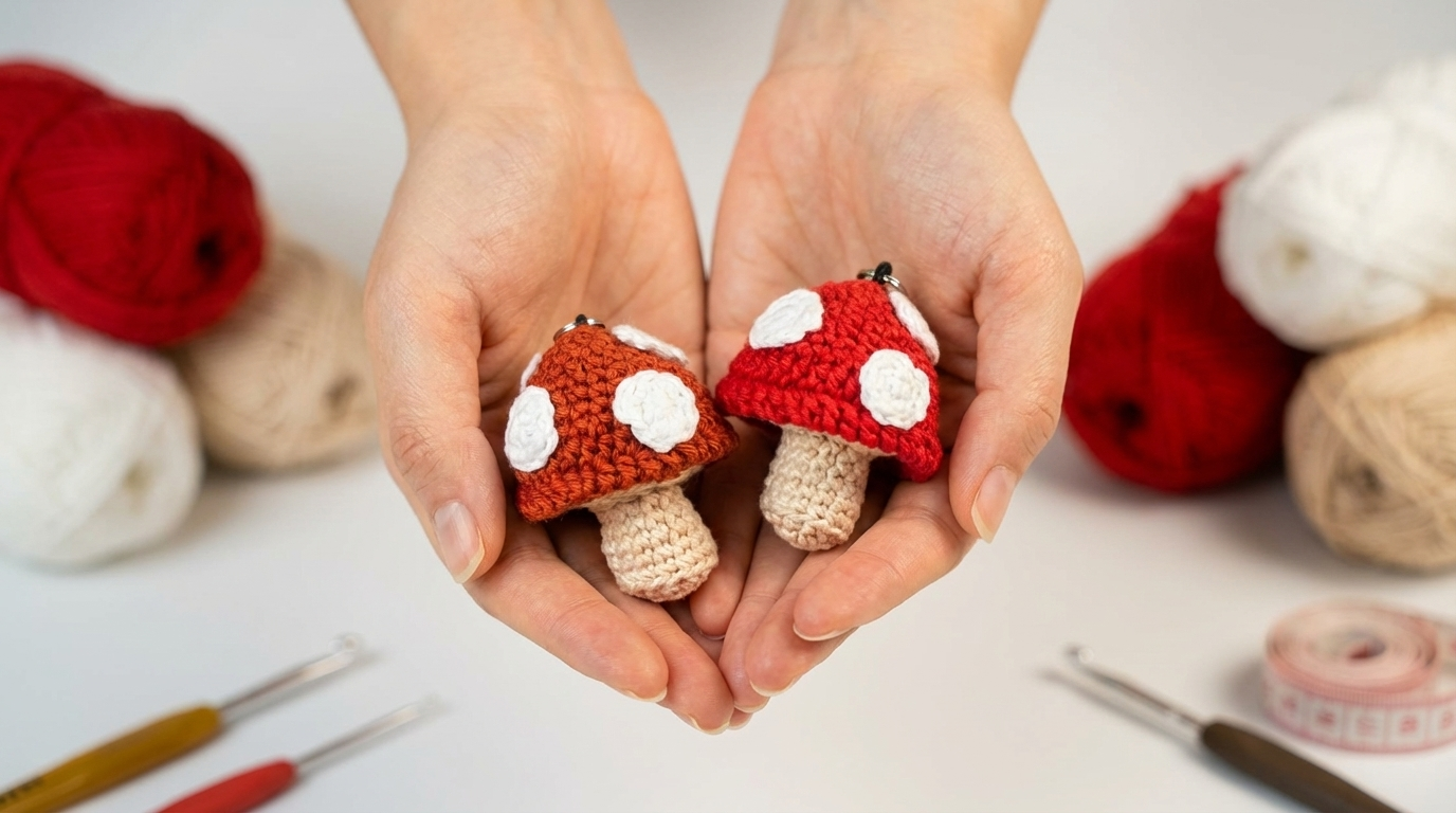 chaveiro cogumelo amigurumi receita gratis passo a passo com chapéu vermelho e caule bege para enfeite de bolsas e chaves