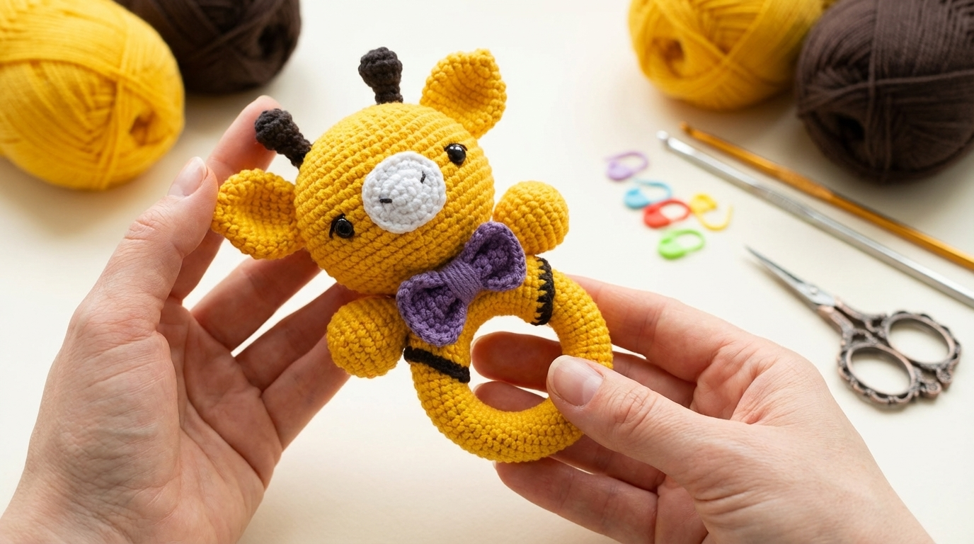 Chocalho de Girafa em Amigurumi bege e marrom em crochê manual para presentear e entreter bebês com segurança total.