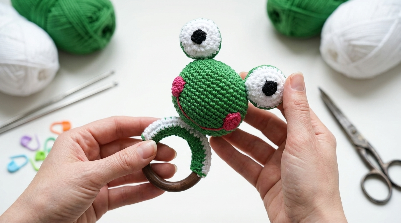 sapo amigurumi receita gratis passo a passo, peça artesanal de crochê verde com detalhes em branco e anel amadeirado seguro para bebês.