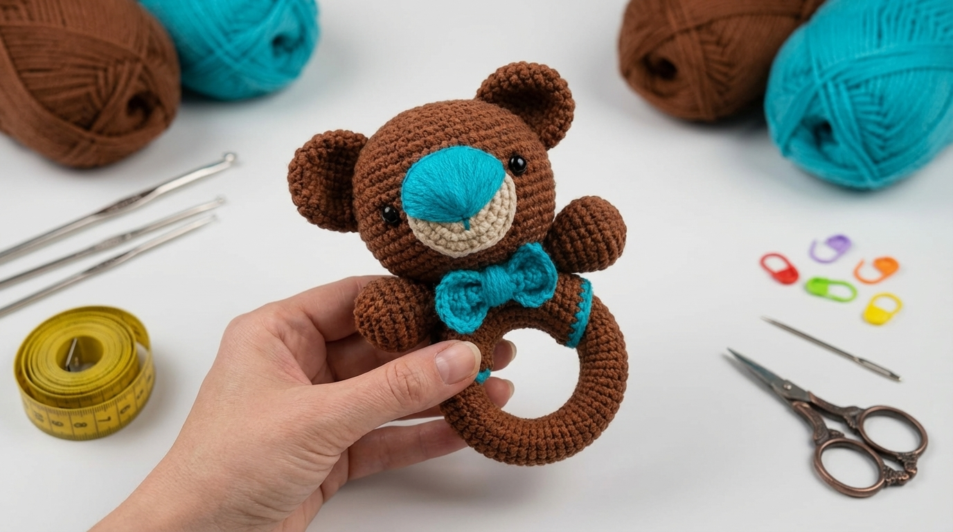 Chocalho Urso Amigurumi feito com fio de algodão macio em tons pastéis para uso sensorial e brincar de bebês.