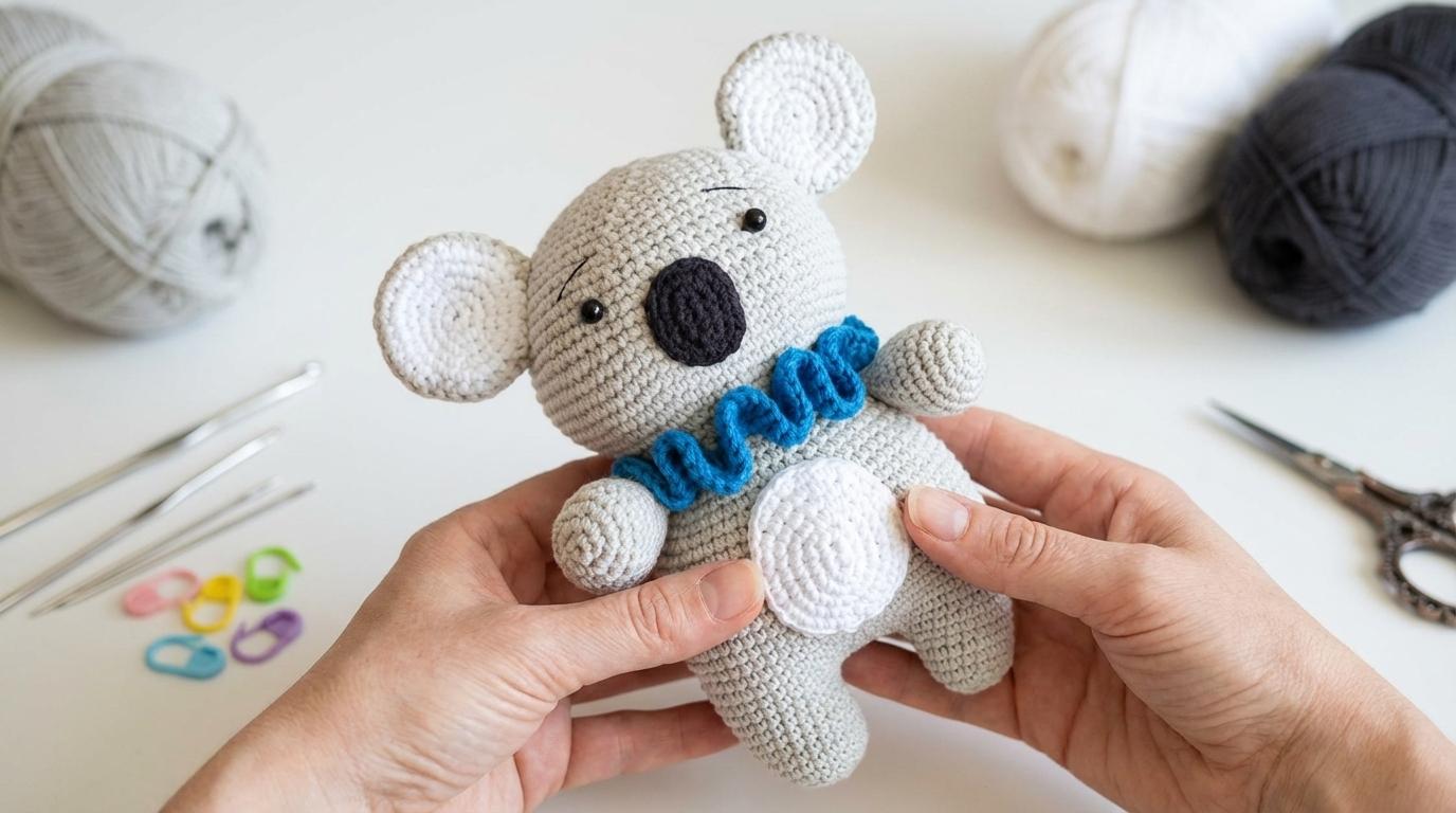 Coala Milo amigurumi feito em crochê com fio de algodão cinza para decoração infantil ou presente artesanal.