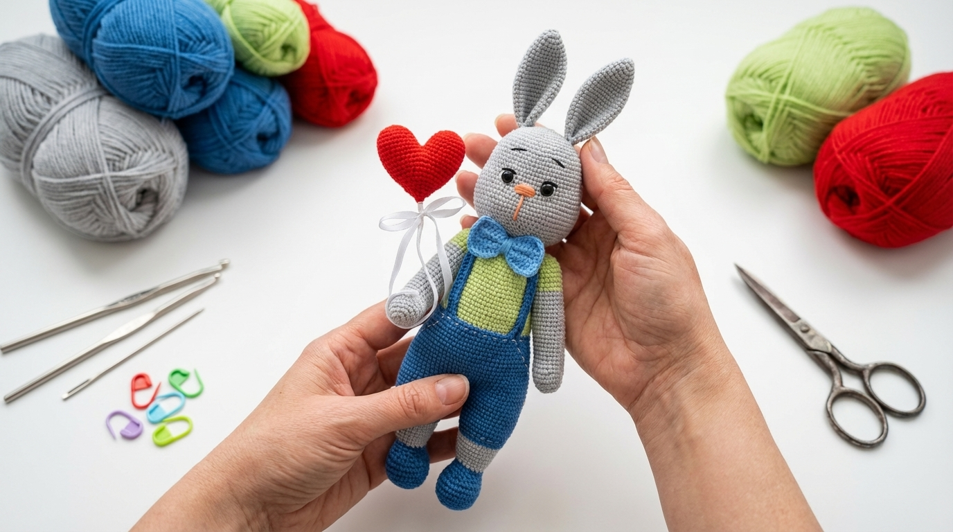 Coelhinho Lucy amigurumi cinza e azul de croche para decoracao artesanal e presente feito com fio de algodão macio.