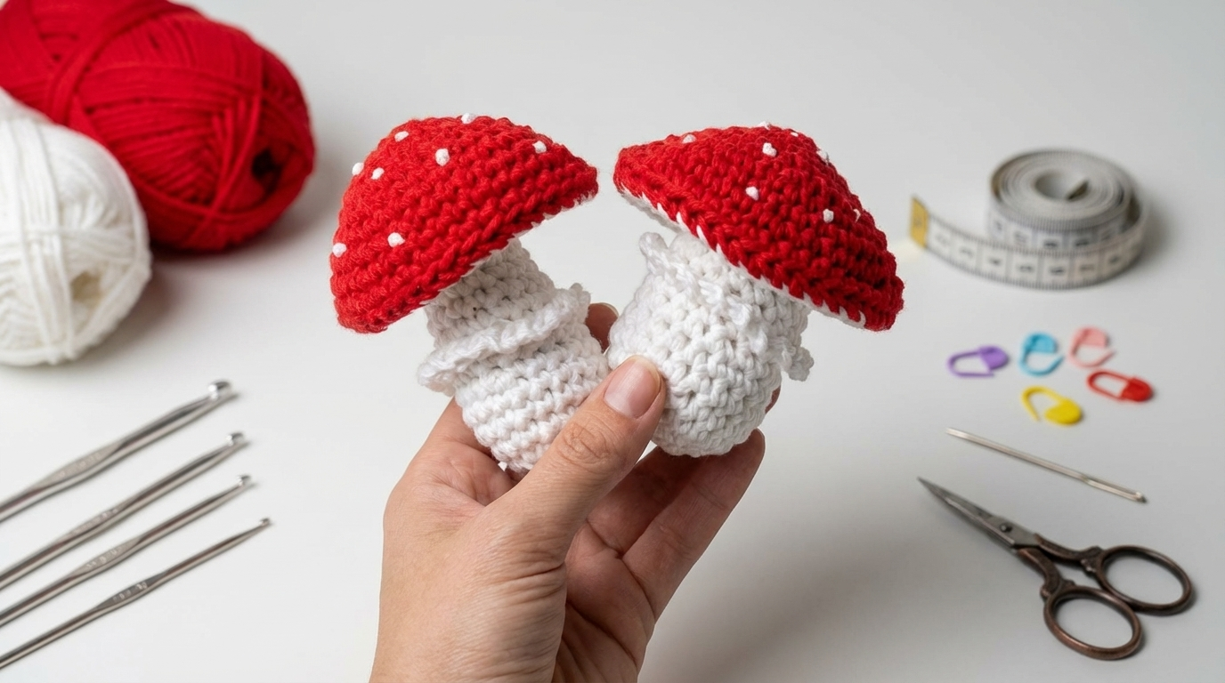 Cogumelo Amigurumi vermelho e bege feito em crochê para decoração artesanal fofa de estantes e ambientes lúdicos.