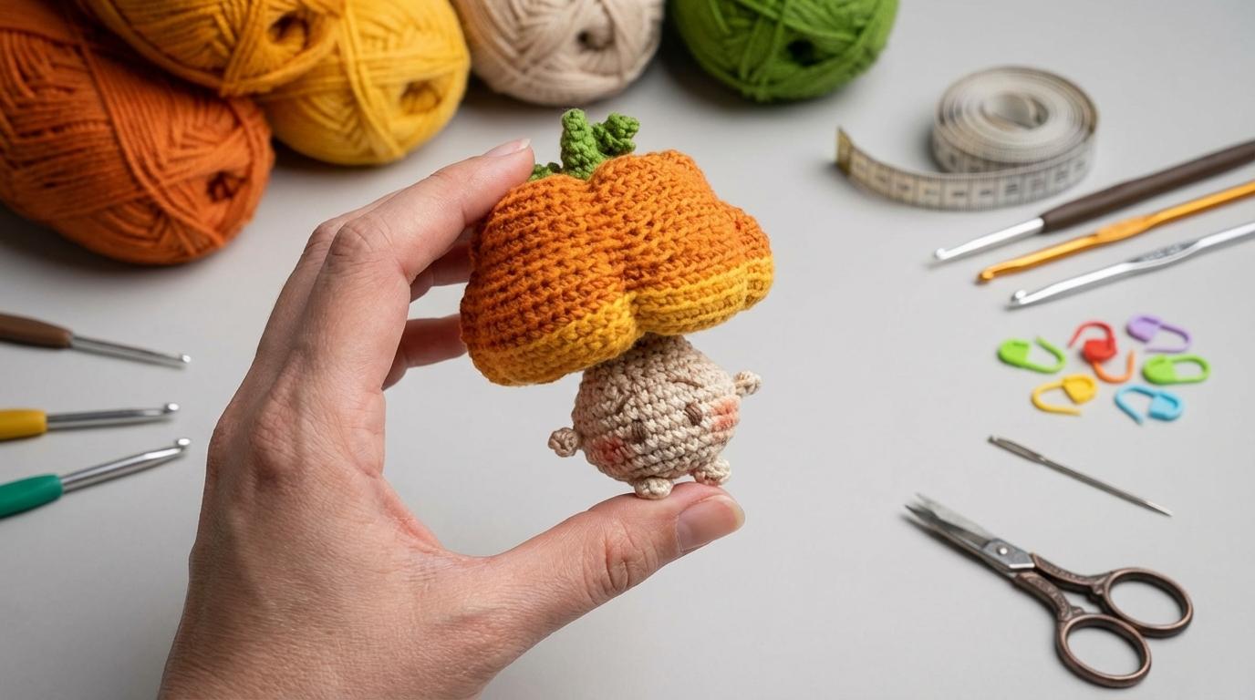 Cogumelo de Boneca Mushkin amigurumi bege e laranja feito em crochê para decoração lúdica ou brinquedo artesanal.