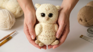 Coruja de pelúcia amigurumi branca, feita em crochê com fio softy, posicionada em ambiente de decoração aconchegante.