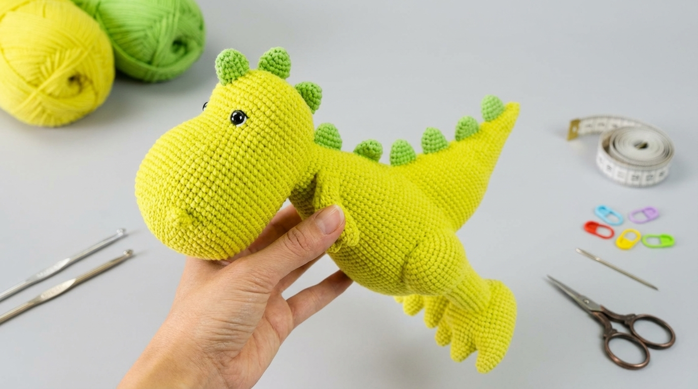 Dinossauro Amigurumi verde feito em crochê com acabamento delicado, ideal para decoração infantil ou presente afetivo.