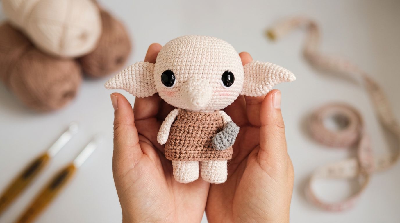 Amigurumi do Dobby em tons bege e creme feito em crochê para decoração temática de fãs da saga Harry Potter artesanal.