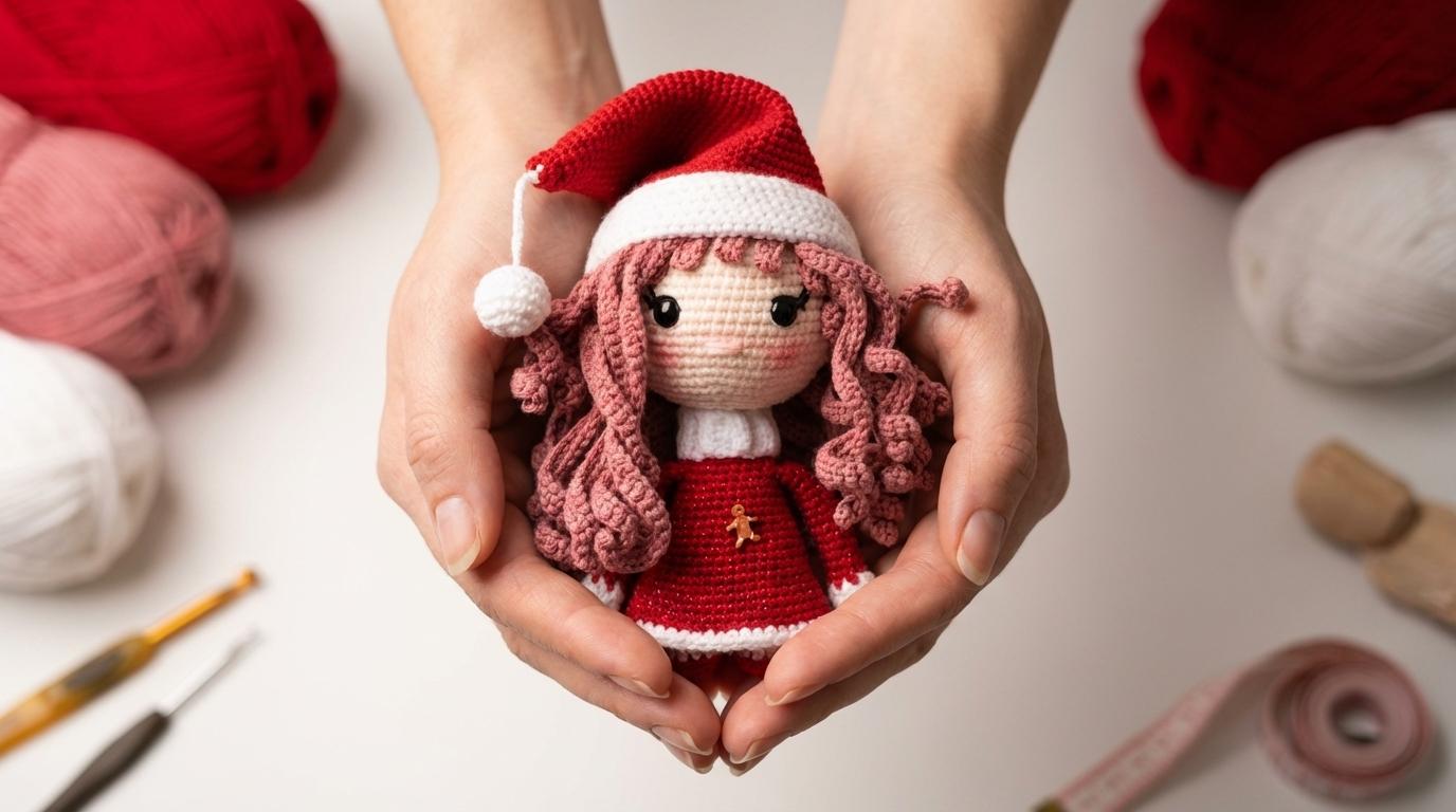 Elfo amigurumi boneca feito com fios coloridos de alta qualidade, ideal para decoração festiva de casas artesanais.