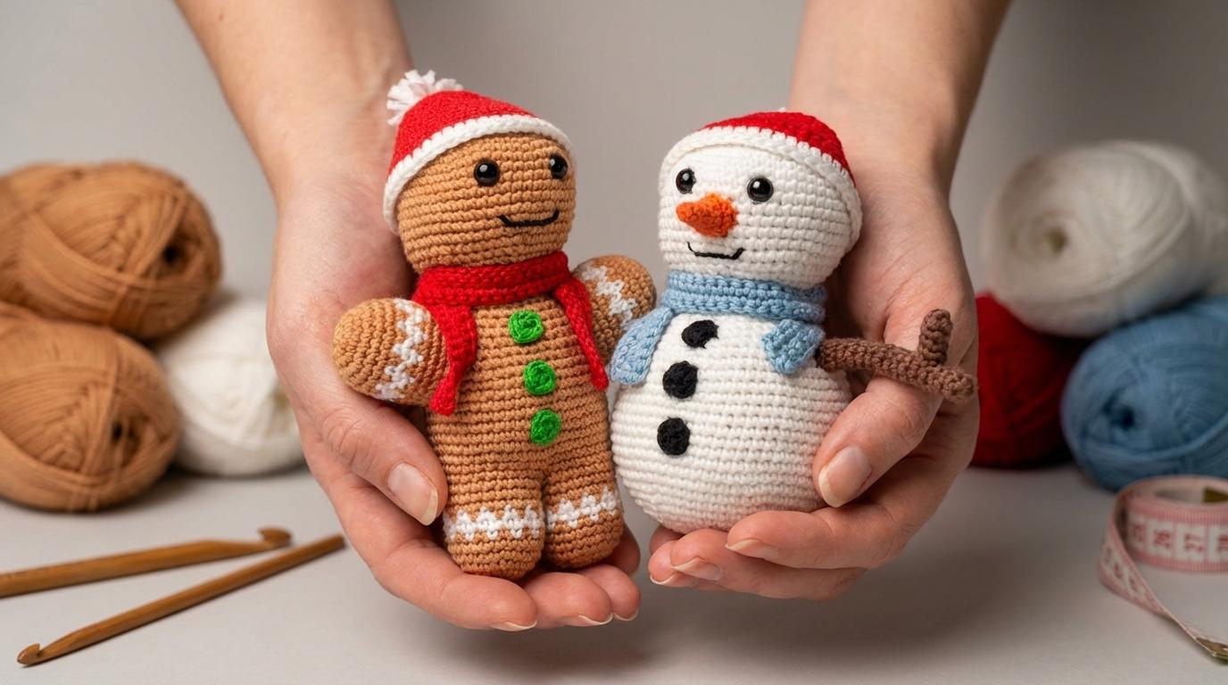 enfeites de natal amigurumi homem de biscoito de gengibre marrom e branco feito em croche para decoracao de natal