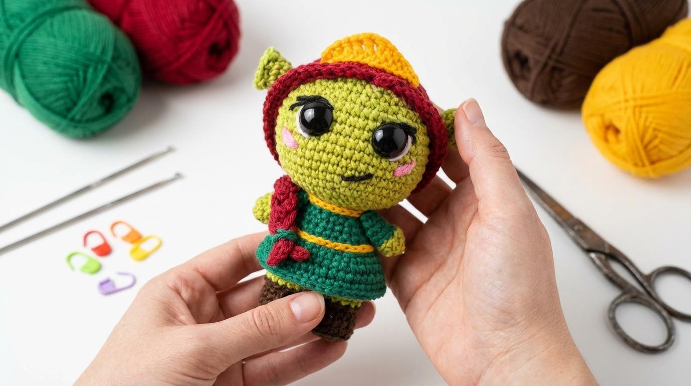 Fiona boneca amigurumi em tons de verde e marrom, feita em fio de algodão, pronta para exibir como decoração artesanal.