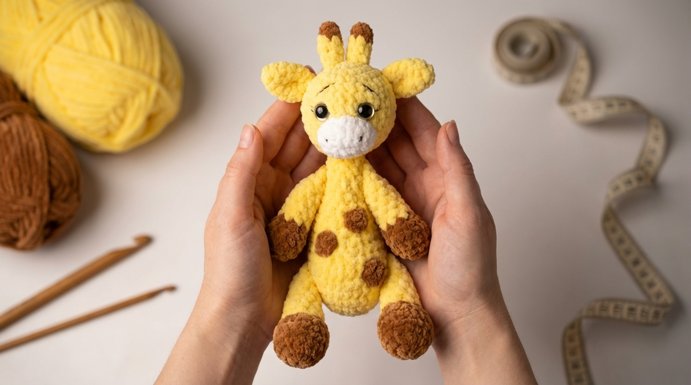 Girafa de pelúcia amigurumi em tons amarelo e marrom com toque macio para decoração de quarto infantil ou presente.