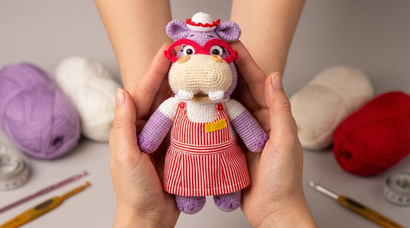 hipopótamo hallie amigurumi receita gratis passo a passo em crochê lilás com detalhes brancos para decoração infantil