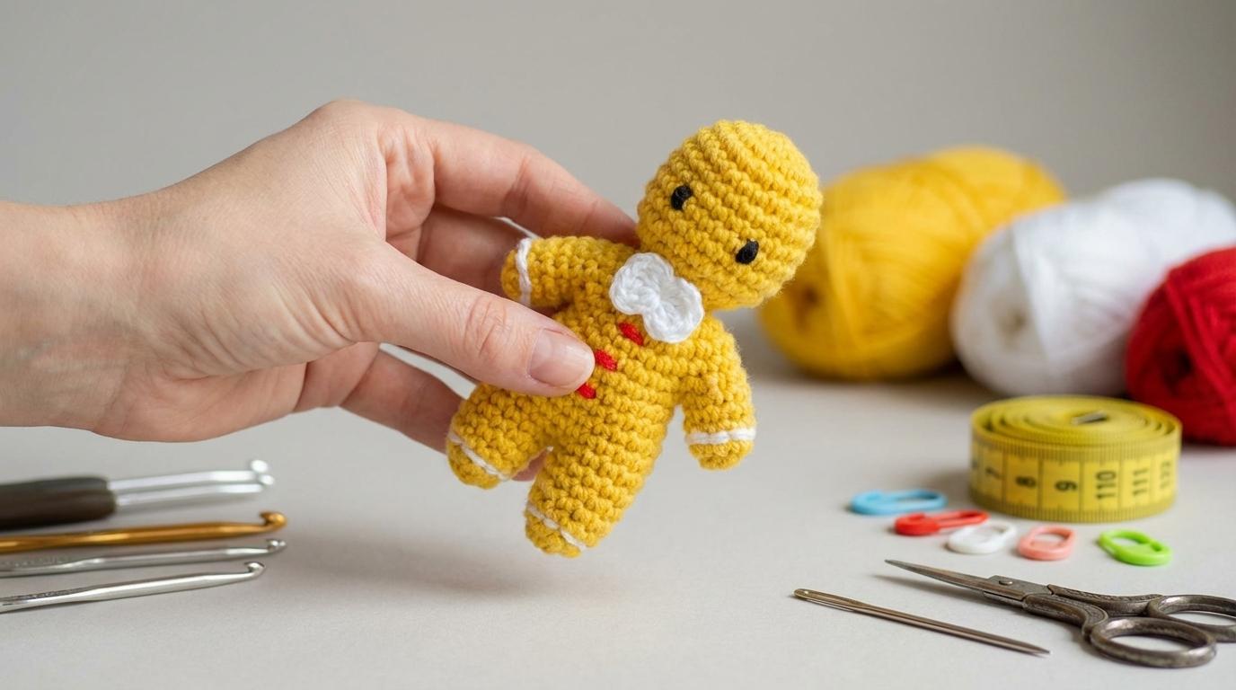 Homem de Gengibre Amigurumi de fio amarelo com detalhes brancos e vermelhos feito em crochê para decoração de Natal.