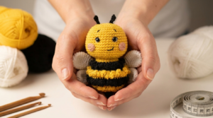 Luna Abelha Amigurumi em fio de algodão amarelo e preto, com bochechas rosas, posada como decoração criativa de crochê.