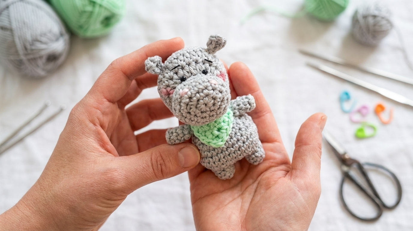 Mini hipopótamo de crochê cinza suave feito à mão, posicionado em ambiente decorativo para lembrancinha ou chaveiro artesanal.