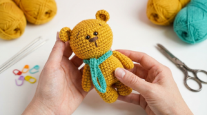 Mini urso amigurumi de cor neutra, feito em crochê, com cachecol, ideal para lembrancinhas de maternidade infantis.