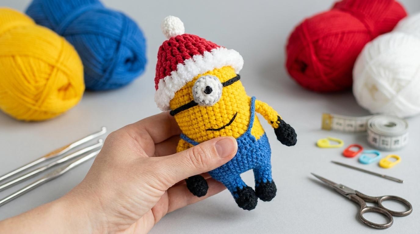 Minion Rush Natal Amigurumi amarelo e azul com gorro branco feito em crochê para decoração natalina artesanal exclusiva