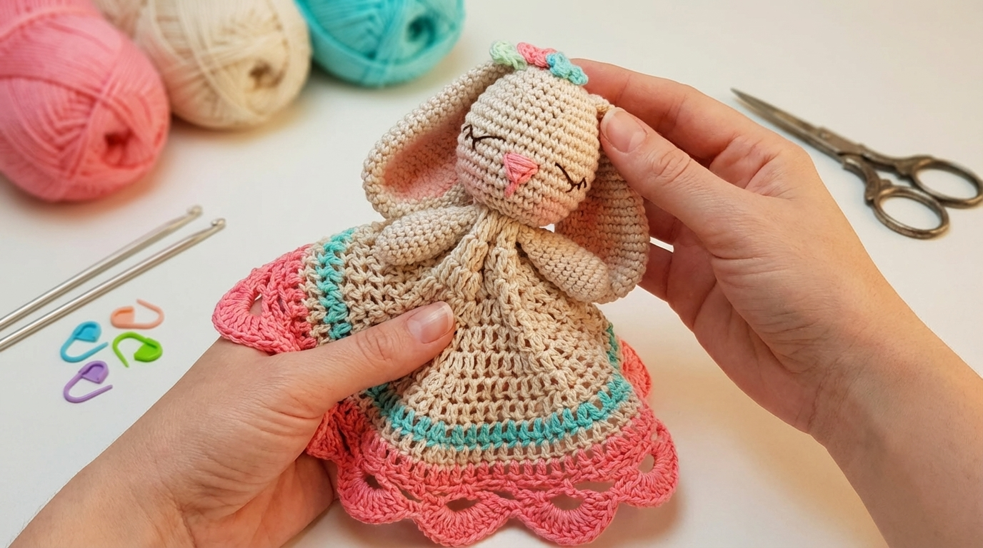 naninha de coelho amigurumi receita gratis passo a passo, peça artesanal de crochê bege com detalhes em rosa e azul para bebês.